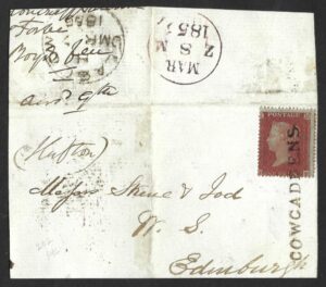 QV 1d red tied with fine COWCADDENS cancel on 1855 piece