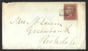 QV 1d red tied with fine Type VII CROSS cancel on 1856 cover to Rochdale