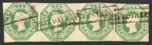 QV SG 55 1s green strip with 4x boxed PITT STREET cancellations