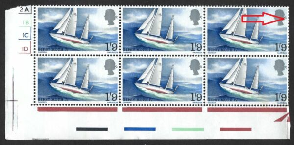 QEII 1967 SG 771 Spec W122(a) “Broken ribbon” variety in block – unmounted mint