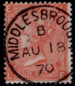 QV SG 95 4d Deep vermilion (L-E) plate 12 with fine 187O Middlesbrough cds