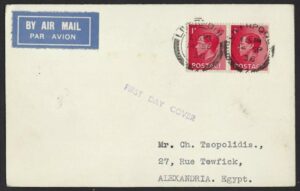 KEVIII 2x sg458 1d scarlet First Day of Issue postcard to Alexandria