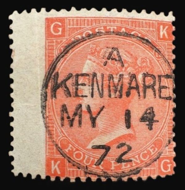 QV SG 95 4d Deep vermilion (K-G) plate 12 with fine 1872 Kenmare cds