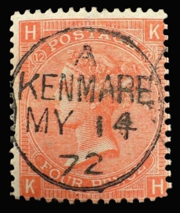 QV SG 95 4d Deep vermilion (K-H) plate 12 with fine 1872 Kenmare cds