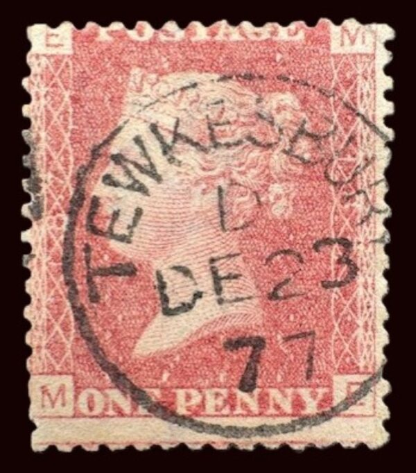 QV sg43 1d red (M-E) plate 187 with fine 1877 Tewkesbury cds