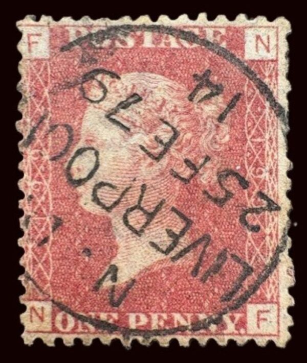 QV sg43 1d red (N-F) plate 199 with fine 1879 Liverpool cds