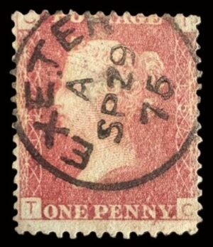QV sg43 1d red (T-C) plate 157 with fine 1875 Exeter cds