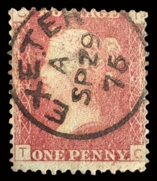 QV sg43 1d red (T-C) plate 157 with fine 1875 Exeter cds