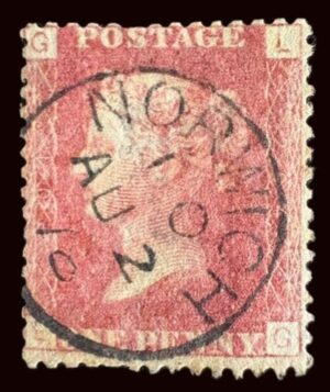 QV sg43 1d red (L-G) plate 204 with fine 1876? Norwich cds