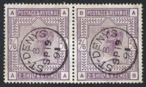 QV sg178 2s6d lilac pair (AA-AB) with fine 1891 St Denys cds