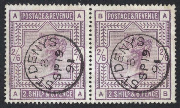 QV sg178 2s6d lilac pair (AA-AB) with fine 1891 St Denys cds