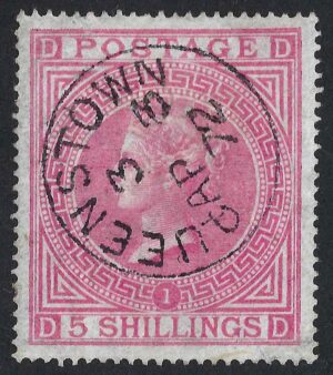 QV sg126 5/- rose (D-D) Plate 1 with fine 1872 Queenstown cds*
