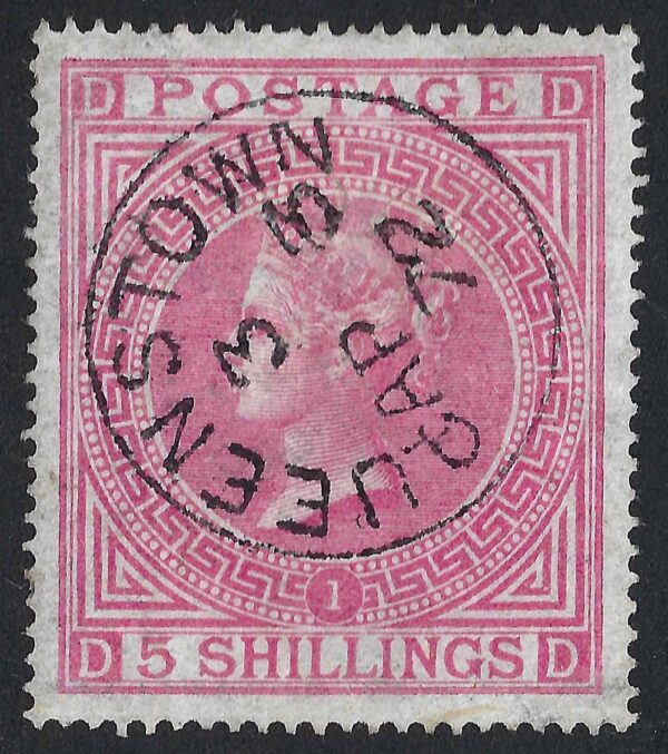 QV sg126 5/- rose (D-D) Plate 1 with fine 1872 Queenstown cds*