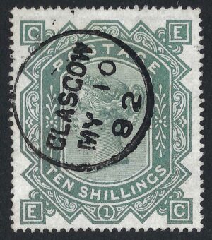 QV sg128 10/- greenish grey (E-C) with fine 1882 Galsgow cds