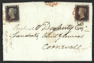 QV 1d black (N-F and M-F) both Plate 1b on 1840 entire to Cornwall