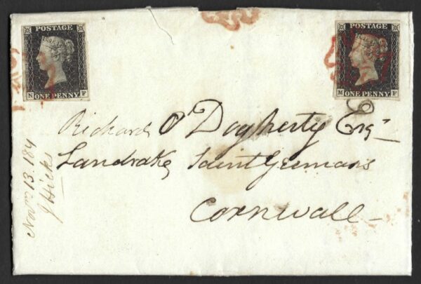 QV 1d black (N-F and M-F) both Plate 1b on 1840 entire to Cornwall