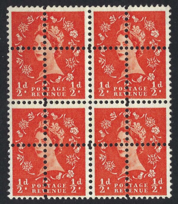 QEII sg570 ½d orange block with quirky mis-perforation error - unmounted mint