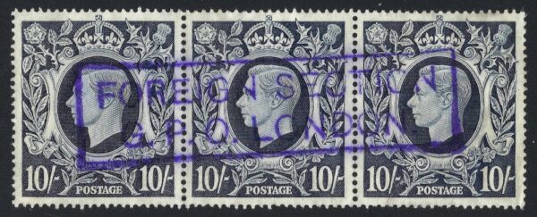 KGVI sg478 10/- dark blue strip cancelled with fine purple boxed Foreign Section G.P.O. London