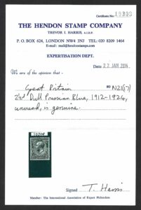 KGV sg373a Spec N21(17) 2½d mounted mint Dull Prussian-blue with Hendon cert