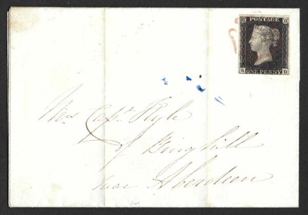QV 1d black (S-D) Plate 4 (re-entry) on 1840 cover to Aberdeen