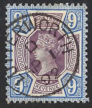 QV sg209 9d dull purple & blue Spec K38(1) with fine 1902 Lutterworth cds