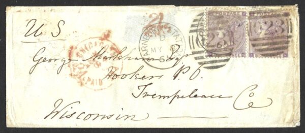 QV sg85 6d lilac pair (FG-FH) on 1865 cover to Wisconsin