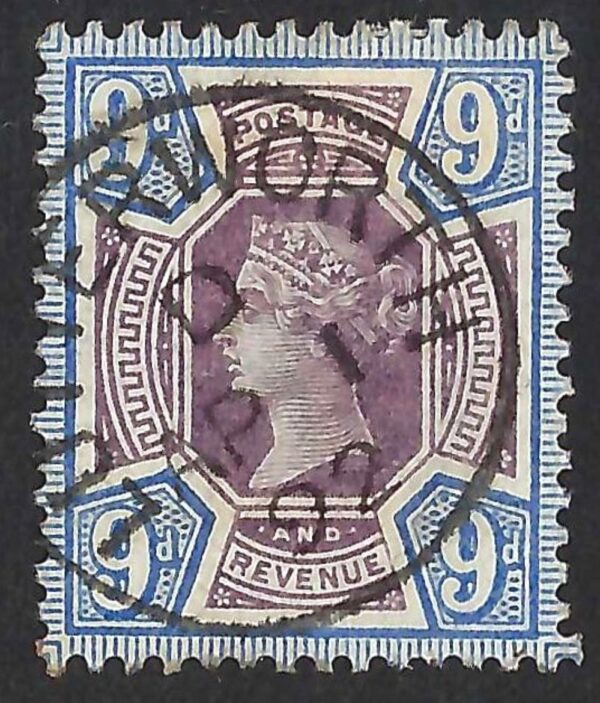 QV sg209 9d dull purple & blue Spec K38(1) with fine 1902 Lutterworth cds