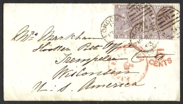 QV sg85 6d lilac pair (DC-DD) on 1865 cover to Wisconsin