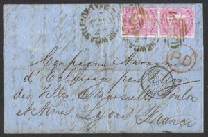 QV sg62 4d carmine pair on 1855 letter-sheet from Newcastle-on-Tyne to Lyon, France