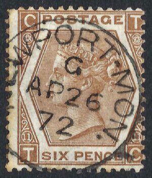 QV sg122a 6d chestnut (T-C) plate 11 with fine 1872 Newport. Mon cds