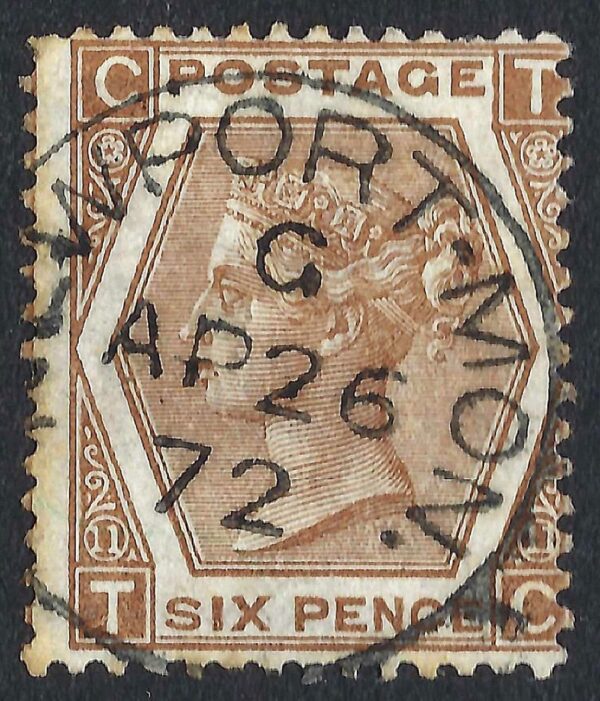 QV sg122a 6d chestnut (T-C) plate 11 with fine 1872 Newport. Mon cds