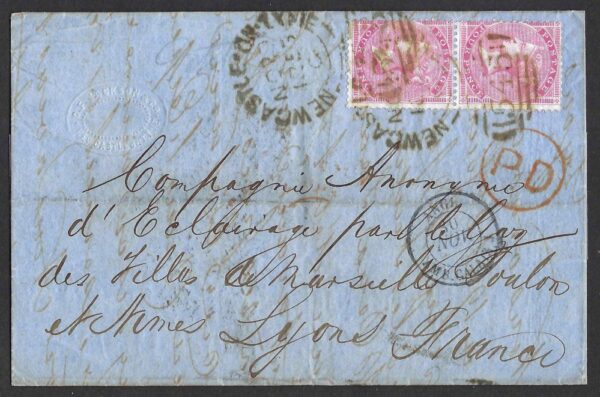 QV sg62 4d carmine pair on 1855 letter-sheet from Newcastle-on-Tyne to Lyon, France