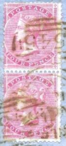 QV sg62 4d carmine pair on 1855 letter-sheet from Newcastle-on-Tyne to Lyon, France