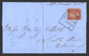 QV sg29 C8 1d red (P-A) Plate 36 with Madeline Smith cancellation on 11th Jun 1857 cover