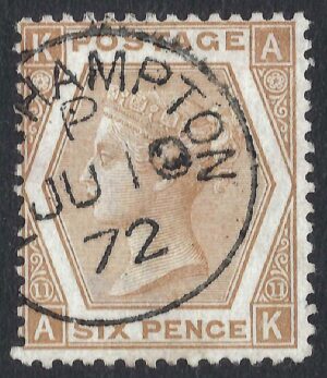 QV sg122b 6d pale chestnut (A-K) plate 11 with fine 1872 Northampton cds