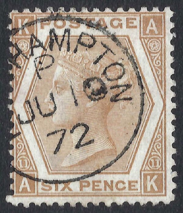 QV sg122b 6d pale chestnut (A-K) plate 11 with fine 1872 Northampton cds