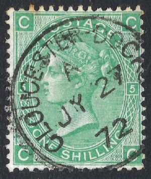 QV sg117 1s green (C-C) plate 5 with fine 1872 Gloucester Docks cds