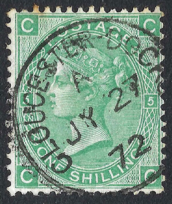 QV sg117 1s green (C-C) plate 5 with fine 1872 Gloucester Docks cds