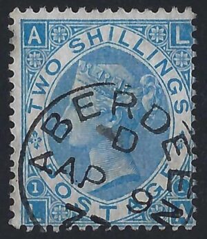 QV sg118 2s dull blue (L-A) plate 1 with fine 1872 Aberdeen cds