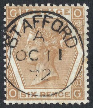 QV sg122b 6d pale chestnut (O-G) plate 11 with fine 1872 Stafford cds