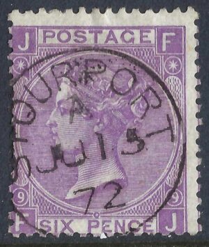 QV sg109 6d lilac (F-J) plate 9 with fine 1872 Stourport cds