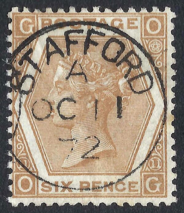 QV sg122b 6d pale chestnut (O-G) plate 11 with fine 1872 Stafford cds