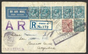 KGV 1930 registered cover from Ipswich to Buenos Aires
