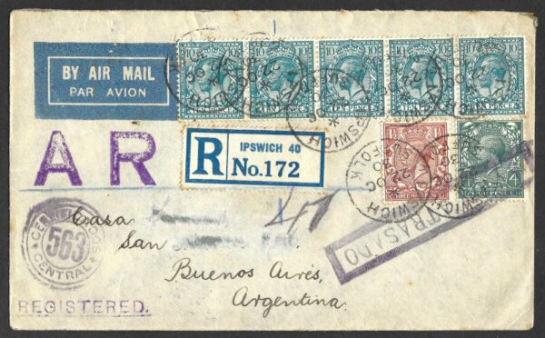 KGV 1930 registered cover from Ipswich to Buenos Aires