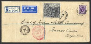 KGV sg438 £1 PUC on 1935 registered cover from London to Buenos Aires