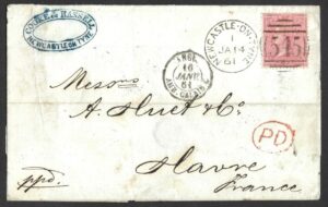 QV sg66 4d rose-carmine showing frame break on 1861 wrapper to Le Havre