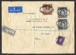 16th Feb 1940 registered cover London to Sao Paulo, franking of 22/9d including pair of 10/- dark blue plus 2/6d brown "Arms" type and 3d violet. Pilot Marcel Reine. Some creasing.