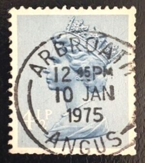 QEII 4½d machin definitive with fine 1975 Arbroath, Angus cds