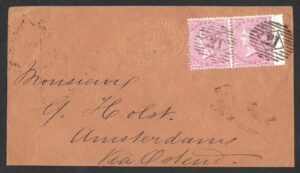QV sg66 4d rose-carmine pair on 1859 cover to Amsterdam