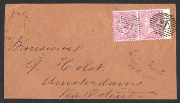 QV sg66 4d rose-carmine pair on 1859 cover to Amsterdam